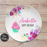 Happy Birthday Personalized Plate, Floral Cupcake, Birthday 10" Plate, First Birthday Girl, Party Plate, Kids Plastic Plate, Teen Birthday
