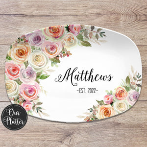Floral Personalized Platter, Custom Name Family, Gift Plate for Wedding, Anniversary, Shower, Birthday