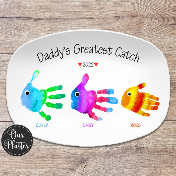 Handprint Custom Personalized Platter for Father's Day, Greatest Catch, Gift for Dad from Kids, Handprint Plate for Daddy or Grandpa