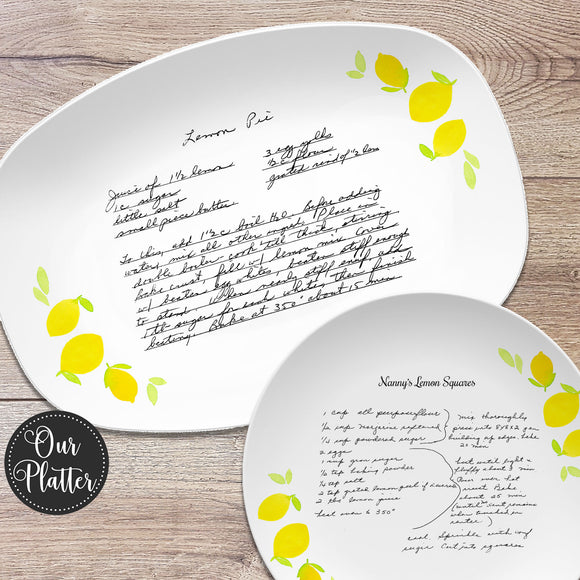 Handwritten Recipe Personalized Platter, Lemon Design, Transfer Recipe Gift, Handwriting Keepsake Plate, Family Recipe Heirloom Dish