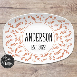Terracotta Leaf Personalized Platter, Custom Name Family Gift Plate, Fall Thanksgiving Wedding Anniversary