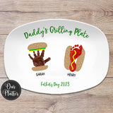 Daddy&#39;s Grilling Plate, Father&#39;s Day, Hamburger handprint art, hot dog footprint art, pet paw print burger, dad&#39;s grilling buddies, outdoor serving plastic platter tray