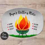 Papa&#39;s Grilling Plate, gray background, green grill, happy birthday, Personalized custom barbecue grilling platter, children&#39;s and pet names with hearts or paw prints, father&#39;s day, birthday