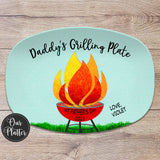Daddy&#39;s Grilling Plate, 1st father&#39;s day, blue b background, red grill, Personalized custom barbecue grilling platter, children&#39;s and pet names with hearts or paw prints, father&#39;s day, birthday