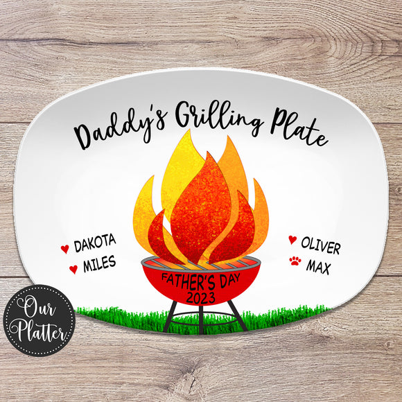 Daddy's Grilling Plate, Personalized custom barbecue grilling platter, children's and pet names with hearts or paw prints, father's day, birthday